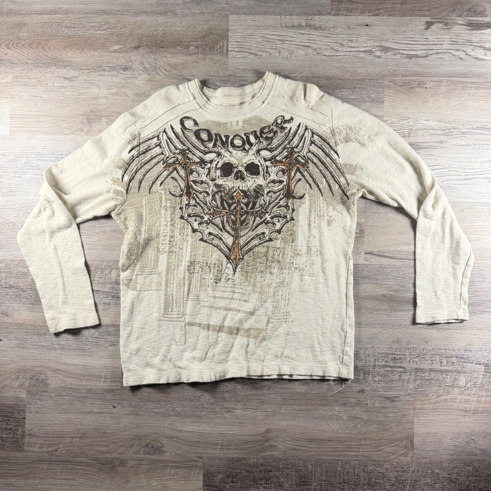 Y2K Waffle Knit Thermal Shirt Cream Graphic Skull Cross Wing XL Route 66 Grunge